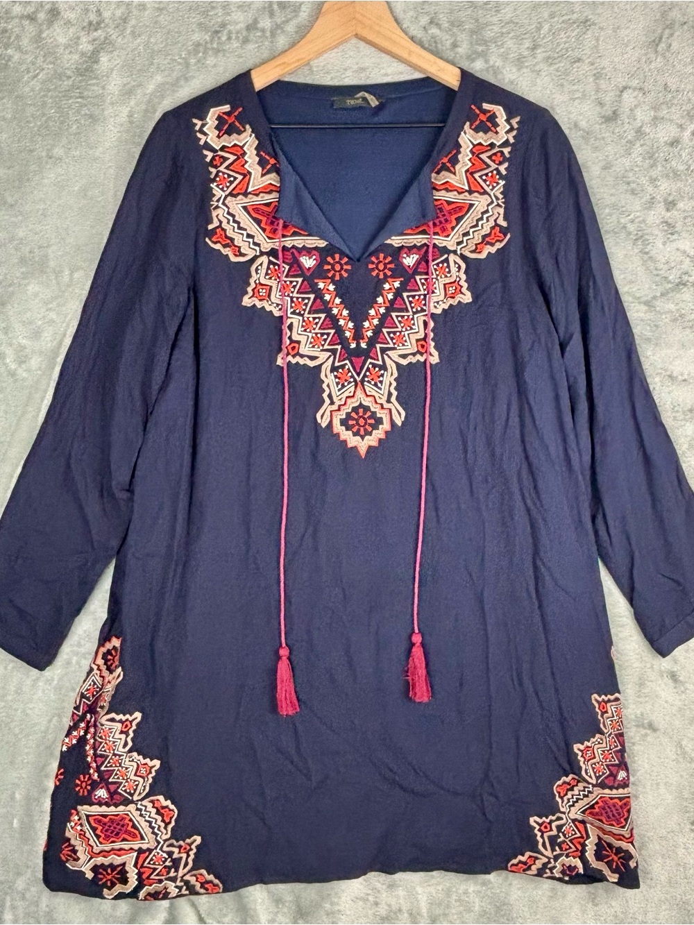 THML Dress Womens Large Blue Embroidered Floral Lined Boho Festival